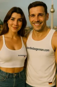 a couple with derdiedasgerman.com printed shirts - der die das german games and tools for learning fun.